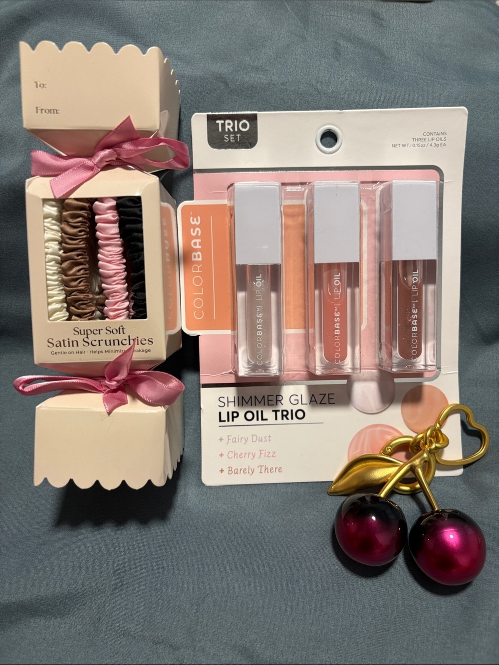 New 3 Pc Bundle Shimmer Glaze Lip Oil Trio Ombré Cherry Charm & Satin Scrunchies